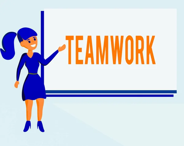 Text sign showing Teamwork. Conceptual photo the group s is collaborative effort to accomplish a common goal Wo analysis Standing Talking Hand Presenting Audio Visual Blank Projector Screen. — Stock Photo, Image