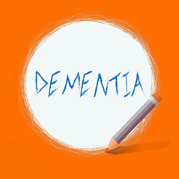 Text sign showing Dementia. Conceptual photo the general word for diseases and disorders with a loss in memory Freehand Scribbling of circular lines Using Pencil on White Solid Circle. — Stock Photo, Image