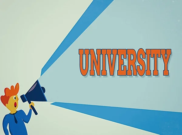 Text sign showing University. Conceptual photo an educational institution designed to teach and investigate Man Standing Talking Holding Megaphone with Extended Volume Pitch Power. — Stock Photo, Image