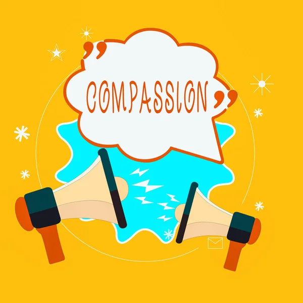 Word writing text Compassion. Business concept for empathy and concern for the pain or misfortune of others Blank Speech Bubble with Quotation Mark Two Megaphones shouting and Arguing. — Stock Photo, Image