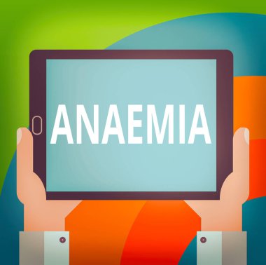 Anemi gösteren kavramsal el yazısı. İş fotoğrafında kan analizinde hemoglobin eksikliği görülüyor. Tablet Akıllı Telefon Görüntüleme Birimi fotoğrafı var..