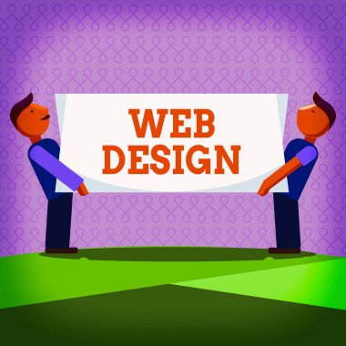 Kelime yazma web tasarımı. Web sitesi oluşturma konsepti içeriği, içeriği ve grafikleri içeren İki Adam İki Tarafta Dikdörtgen Boş Paneli Taşıyor.