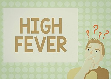 Yüksek ateşi gösteren kavramsal el yazısı. İş fotoğraflarında tıbbi durum gösteriliyor. Vücut sıcaklığı normalden daha yüksek. Adam Ağızda El İfade Ettiği Soru İşareti Simgesi Metni Simgesi.