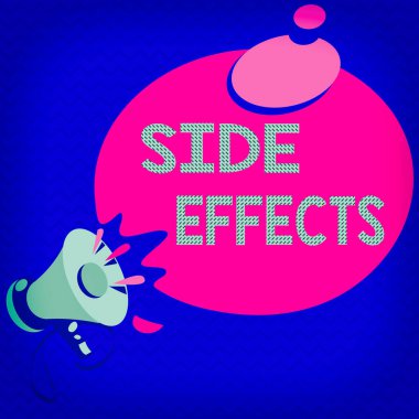 Kelime Yazma Yan Efektleri. Bir ilaç veya tıbbi tedavide istenmeyen etkiler için iş konsepti Ses Efekti ikonu ve Boş Yuvarlak Yuvarlak Düşünce Baloncuğu ile Megafon.