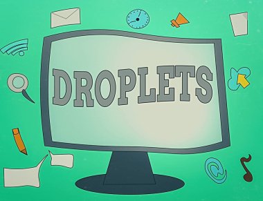 El yazısı metin damlacıkları. Boş Bağlı Bilgisayar Monitörü 'nü çevreleyen Web Uygulama Yazılım simgelerinde bir sıvının çok küçük bir damlası anlamına gelen kavram bulunabilir.