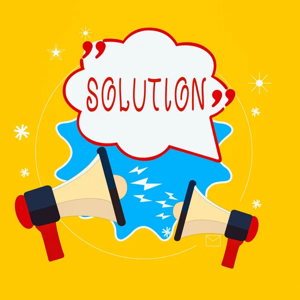 Word writing text Solution. Business concept for the ways to solve a problem or tackle a difficult situation Blank Speech Bubble with Quotation Mark Two Megaphones shouting and Arguing. — Stock Photo, Image