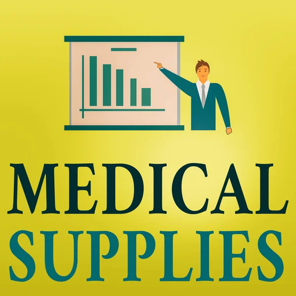 Word writing text Medical Supplies. Business concept for Items necessary for treatment of illness or injury Man in Business Suit Standing Pointing a Board with Bar Chart Copy Space. — Stock Photo, Image