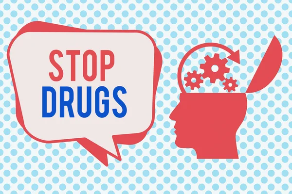 Píšu vzkaz, na kterém jsou "Stop Drugs". Obchodní foto showcasing ukončit závislost na látkách, jako je heroin nebo kokain Hu analýza Silueta horní Open s ozubenými kolečky a bublinami. — Stock fotografie