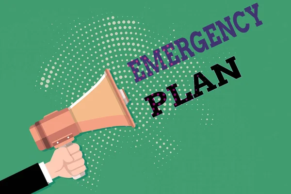 Text sign showing Emergency Plan. Conceptual photo instructions that outlines what workers should do in danger Male Hu analysis Hand Holding Gripping a Megaphone on Dotted Halftone Pattern. — Stock Photo, Image