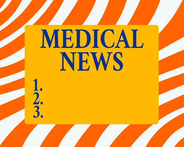 Text sign showing Medical News. Conceptual photo report or noteworthy information on a medical breakthrough Horizontal Rectangular Shape with Bended Corner Blank Four sides Figure.