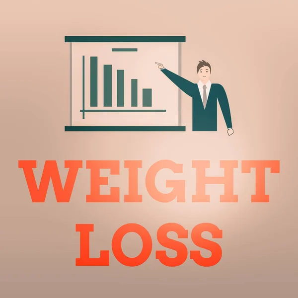 Writing note showing Weight Loss. Business photo showcasing a reduction of the total body mass due to a mean loss of fluid Man in Business Suit Pointing a Board Bar Chart Copy Space. — Stock Photo, Image