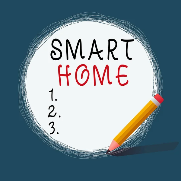 Ecriture conceptuelle montrant Smart Home. Texte photo d'affaires équipé à la maison peut être commandé à distance par téléphone ou ordinateur Graver des lignes circulaires à l'aide de Crayon Blanc Cercle Solide. — Photo