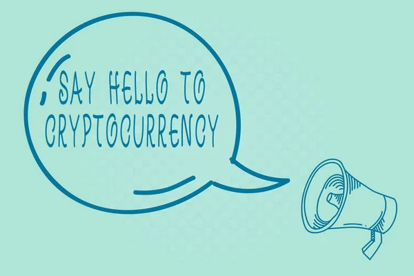 Text sign showing Say Hello To Cryptocurrency. Conceptual photo Lead and advertise decentralized money exchange Blank Transparent Speech Bubble with Shining icon and Outline Megaphone. — Stock Photo, Image