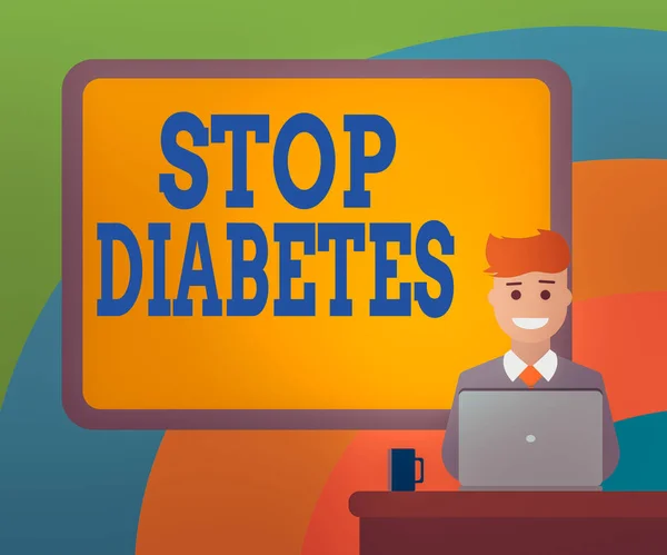 Conceptueel handschrift met Stop Diabetes. Zakelijke foto presentatie voorkomen dat de ziekte van verhoogde glucosespiegel in het bloed Bordered Board achter Man glimlachen met Laptop mok op het bureau. — Stockfoto