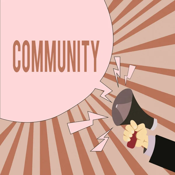 Word writing text Community. Geschäftskonzept für eine Gruppe von Zeigenden mit gemeinsamen Merkmalen, die zusammen leben Male Hu Analyse Hand Holding Megaphon Blank Speech Bubble. — Stockfoto