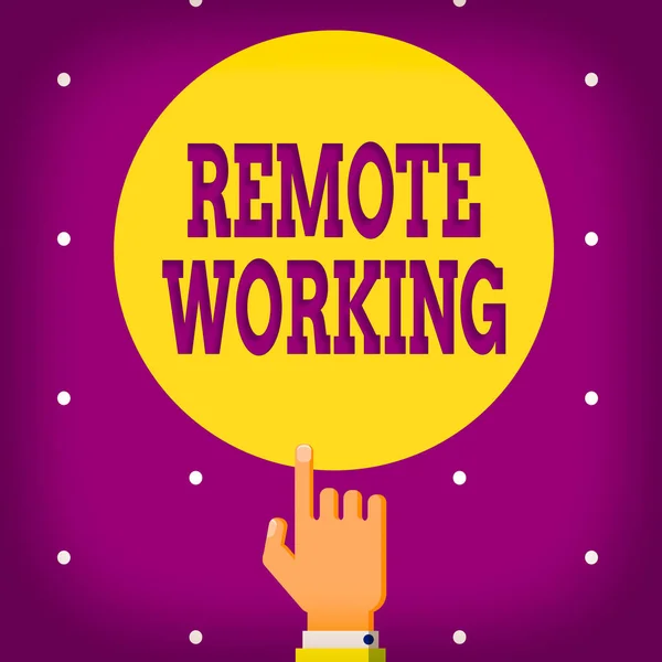 Scrittura concettuale a mano che mostra il Remote Working. Stile di vetrina fotografica aziendale che consente ai professionisti di lavorare al di fuori di un ufficio Hand Pointing up Index finger Touching Solid Color Circle. — Foto Stock