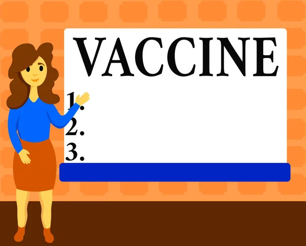 백신을 보여 주는 문자 표지판. Conceptual photo preparation of killed microorganisms or living attenuated organisms Female Hu analysis Standing Hand Presenting Rectangular Blank Whiteboard. — 스톡 사진