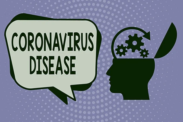 Handschriftliche Textschreiben Coronavirus-Krankheit. Konzept, das als Krankheit definiert wird, die durch ein neuartiges Virus SARSCoV2 Hu-Analyse Kopf Silhouette Topside Open mit Zahnrädern und leerer Halbtonblase verursacht wird. — Stockfoto