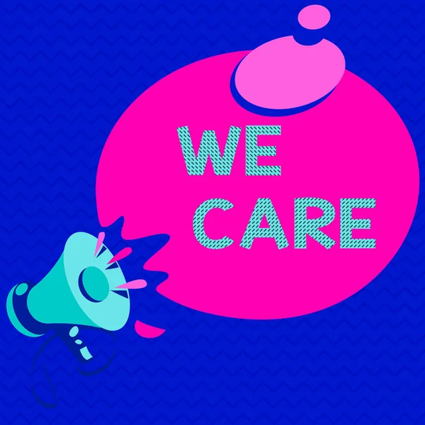 Word writing text We Care. Business concept for Cherishing someones life Giving care and providing their needs Megaphone with Sound Effect icon and Blank Round Halftone Thought Bubble.