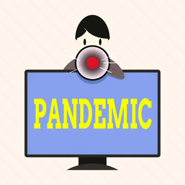 Scrittura di testi Pandemia. Concetto di business per verificarsi su una vasta area che colpisce alta percentuale di popolazione Man Standing Behind montato PC Monitor schermo parlare e tenere il megafono. — Foto Stock