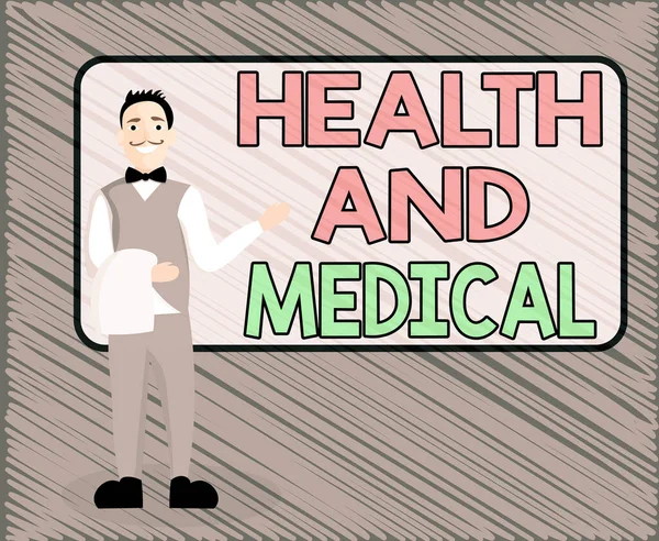 显示健康与医疗的文字标志。男服务员站在制服手呈空白菜单板上的概念照片研究与心理健康状况调查. — 图库照片