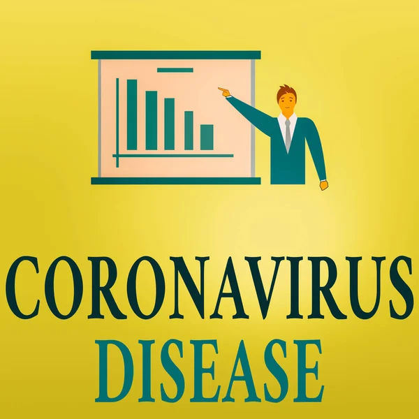 Słowo pisanie tekstu Choroba Coronavirus. Biznes pojęcie dla definiować jako choroba powodować nowatorski wirus SARSCoV2 Mężczyzna w Biznes garnitur Stojący Wskazując plansza z Bar Wykres Kopiuj przestrzeń. — Zdjęcie stockowe