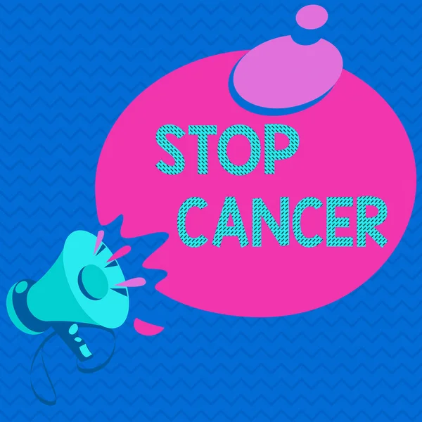 Word writing text Stop Cancer. Business concept for prevent the uncontrolled growth of abnormal cells in the body Megaphone with Sound Effect icon and Blank Round Halftone Thought Bubble.