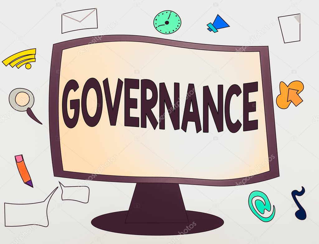 Conceptual hand writing showing Governance. Business photo showcasing exercised in handling an economic situation in a nation Web Application Software icons Surrounding Computer Monitor.