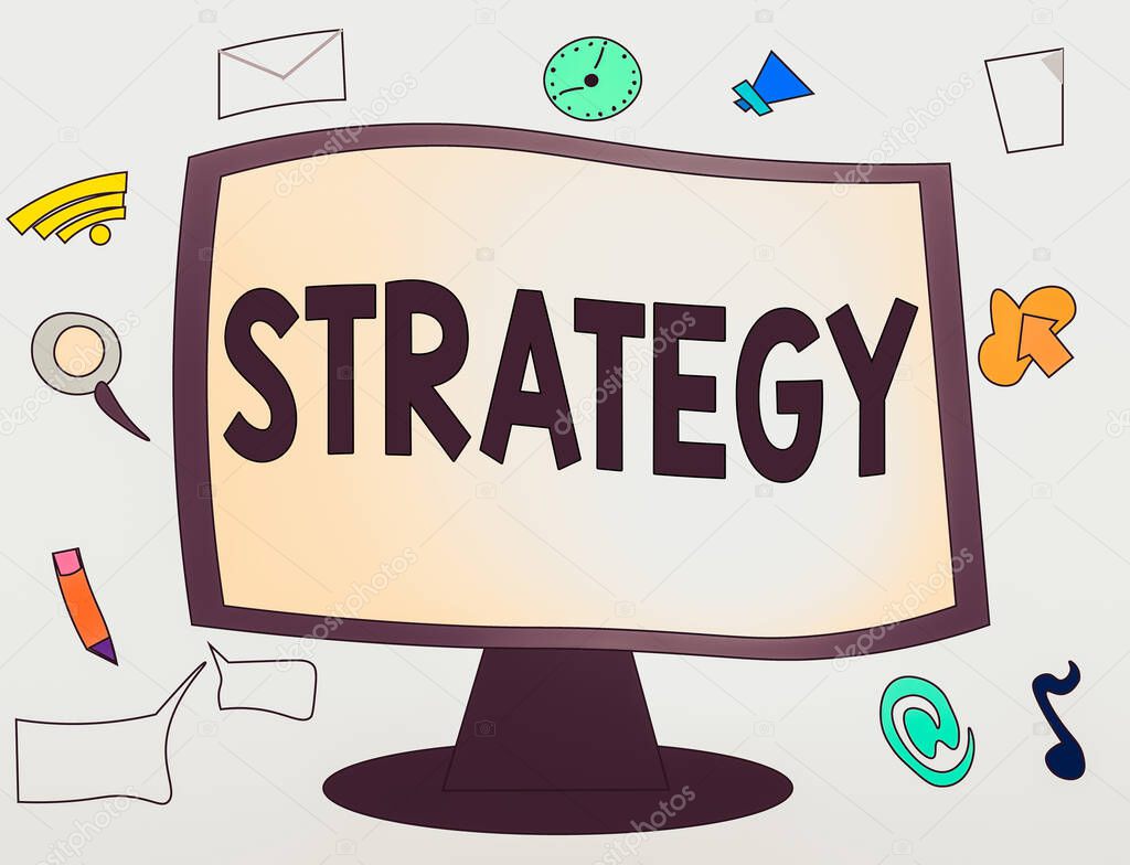 Conceptual hand writing showing Strategy. Business photo showcasing action plan or strategy designed to achieve an overall goal Web Application Software icons Surrounding Computer Monitor.