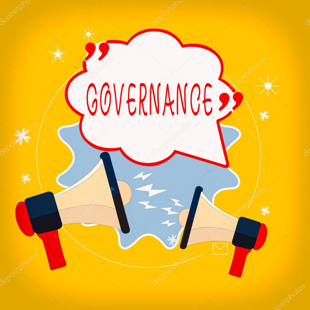 Word writing text Governance. Business concept for exercised in handling an economic situation in a nation Blank Speech Bubble with Quotation Mark Two Megaphones shouting and Arguing.