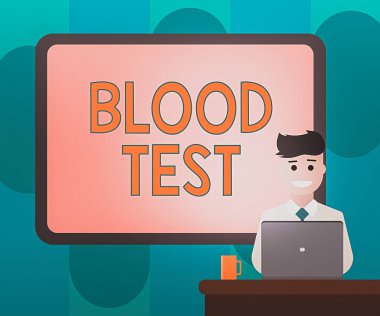 Kan Testi 'ni yazan el yazısı. Konsept, bir organizmadan alınan kan örneğinin kusursuzlaştırılması demek. Laboratuvar analizi için. Sınır Tahtası, masada dizüstü bilgisayarla gülümseyen adamın arkasında..