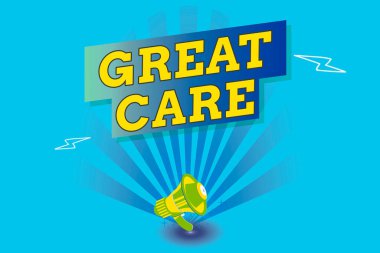 Great Care 'i gösteren bir not yazıyorum. Diğerlerine dikkat, dikkat, sevgi ve rahatlık veren iş fotoğrafı sergisi Yıldırım patlaması ve gölgeli dikdörtgen form.