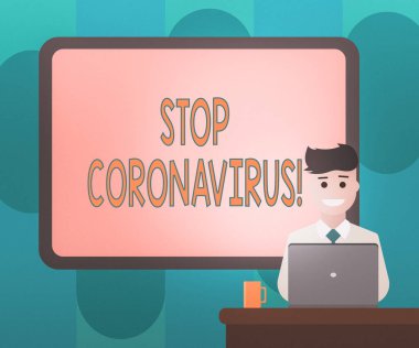 El yazısı Coronavirus 'u durdurun. Kavram derken, COVID19 davalarını azaltmak için mücadele eden Hastalık Farkındalığı Kampanyası Masada Dizüstü bilgisayarlı Kupa ile gülümseyen Adam 'ın arkasındaki Sınır Tanımaz Kurulu' nu kastediyorum..