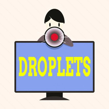 Kelime yazma metni damlacıkları. Sıvının çok küçük bir damlası için iş konsepti, monte edilmiş PC Monitör Konuşan ve Megafon Tutan Adam 'ın belli yerlerinde bulunabilir..