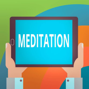 Meditasyonu gösteren kavramsal el yazısı. Ticari fotoğraf gösterimi zihinsel ve duygusal olarak sakin ve istikrarlı bir durum Hu analizi tablet akıllı telefon görüntüleme birimi fotoğrafı içeriyor.