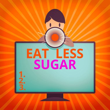 Daha az şeker yediğini gösteren kavramsal el yazısı. İş fotoğraflarının gösterilmesi şeker tüketimini azaltıyor ve sağlıklı bir diyet yiyor. PC Monitörünün arkasındaki adam konuşuyor ve Megafon tutuyor..