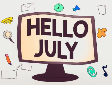 Merhaba Temmuz 'u gösteren kavramsal el yazısı. Gelecek tatil ayı için heyecan ifadesi gösteren iş fotoğrafı Web Uygulama Yazılım simgeleri Bilgisayar İzleyicisini Çevreleyen.