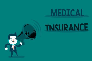 Tıbbi sigortayı gösteren kavramsal el yazısı. Suit Earpad Taşıma Megafonu 'nda Ses simgesi ile sigortalı adamın tıbbi giderlerini karşılayan iş fotoğrafı sistemi.