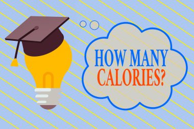 Kelime yazma metni Kaç Kalori Sorusu. Vücudumuzun ondan ne kadar enerji alabileceğini soran iş konsepti. 3 boyutlu mezuniyet şapkası. Boş Bulut Düşünce Baloncuğu ile Ampulü Düşünmek..