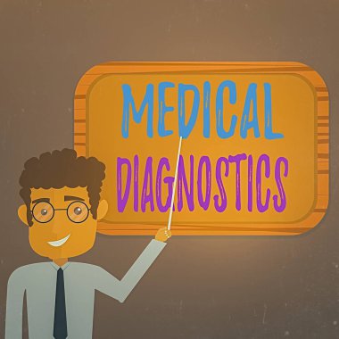 Tıbbi teşhisi gösteren bir mesaj. Belirtilerinden ve semptomlarından bir hastalığı tanımlayan kavramsal fotoğraf eylemi. Elinde sopa tutan adam duvara boş renk tahtasını işaret ediyor..