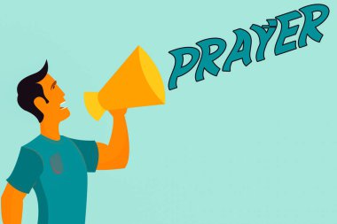 El yazısı, metin yazma, dua. Tişörtlü Tanrı 'ya hitaben megafonlu bir erkeği elinde tutarak konuşan adama yapılan teşekkür ya da yardım için resmi bir istek anlamına geliyor..