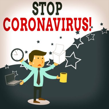 Kelime yazımı Coronavirus 'u durdurun. COVID19 vakalarını azaltmak için mücadele veren Hastalık Bilinci Kampanyası İş Konsepti Erkek İşçi Yöneticisi Çok sayıda Silahlı Çok Görevli Karşılaşma Teslim Tarihi.