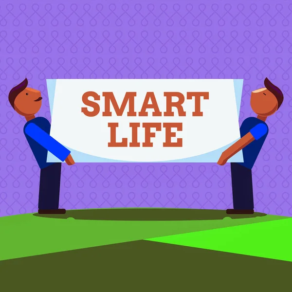 Word writing text Smart Life. Business concept for technology that works to make living enjoyable and comfortable Two Men Standing Carrying Rectangular Blank Panel Board on Both Sides.