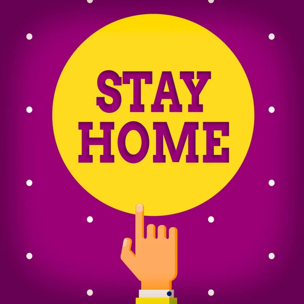 Conceptual hand writing showing Stay Home. Business photo showcasing not go out for an activity and stay inside the house or home Hand Pointing up Index finger Touching Solid Color Circle.