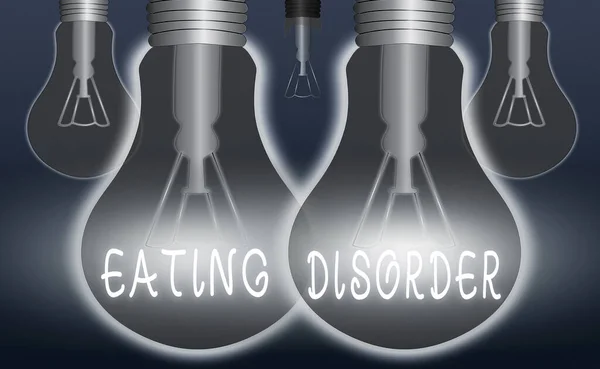 Handwriting text writing Eating Disorder. Concept meaning illnesses or severe disturbances in their eating behaviors Realistic colored vintage light bulbs, idea sign solution thinking concept. — Stock Photo, Image