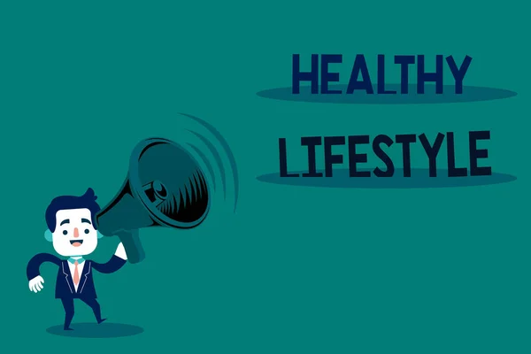 Conceptual hand writing showing Healthy Lifestyle. Business photo text way of living that lowers the risk of being seriously ill Man in Suit Earpad Moving Holding Megaphone with Sound icon. — Stock Photo, Image