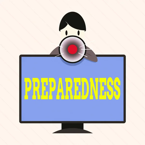 Word writing text Preparedness. Geschäftskonzept für die Qualität oder den Zustand der Vorbereitung im Falle unerwarteter Ereignisse Man Standing Behind PC Monitor Screen Talking and Holding Megaphone. — Stockfoto