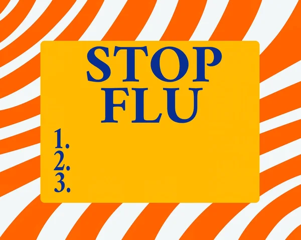 Sinal de texto a mostrar "Stop Flu". Foto conceitual colocar um fim da infecção viral de seus pulmões e vias aéreas Forma retangular horizontal com canto dobrado Blank Quatro lados Figura . — Fotografia de Stock