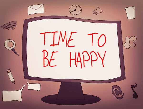 Slovo psaní textu Time To Be Happy. Obchodní koncept pro smysluplnou práci Pracovníci s účelem Happiness pracoviště Web Application Softwarové ikony Okolní prázdné Připojený monitor počítače. — Stock fotografie