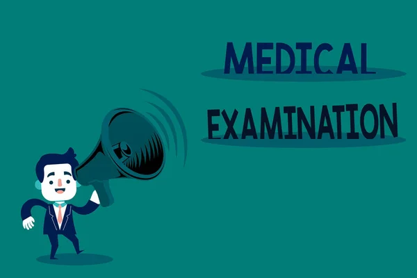 의료 검진을 보여 주는 손 글씨이다. Business photo text the defining to determine physical fitness Man in Suit Earpad Moving Holding Megaphone with Sound icon. — 스톡 사진